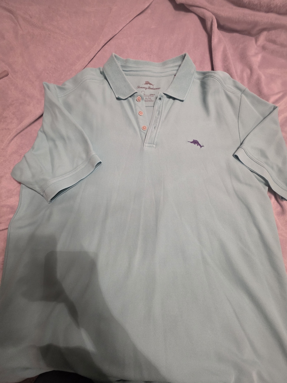Tommy Bahama Pale Blue Polo with Purple Dolphin Emblem